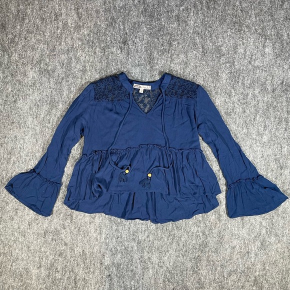 Gypsies & Moondust Tops - Gypsies & Moondust Boho Bell Sleeve Blue Top Women's Size M Witchy Crochet Crop